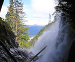 A view from the side of Crooked Falls looking down towards the Squamish Valley